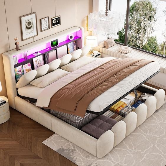 Flieks Lit hydraulique rembourré 180x200cm avec espace de rangement, lit double pour adolescents avec Led et fonction de chargement, lit boxspring velours avec sommier à lattes, Beige