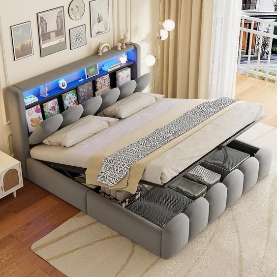 Flieks Lit hydraulique rembourré 180x200cm avec espace de rangement, lit double pour adolescents avec Led et fonction de chargement, lit boxspring velours avec sommier à lattes, gris