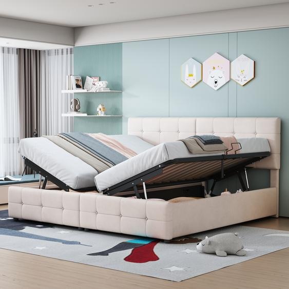 Flieks Lit hydraulique rembourré 180x200cm avec espace de rangement, lits boxspring Lit de rangement avec sommier à lattes, lit double pour adolescents Lit denfant, velours, beige