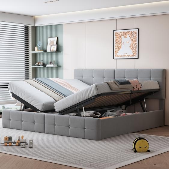Flieks Lit hydraulique rembourré 180x200cm avec espace de rangement, lits boxspring Lit de rangement avec sommier à lattes, lit double pour adolescents Lit denfant, velours, gris