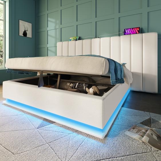 Flieks Lit hydraulique rembourré 180x200cm avec fonction de chargement, lit double Boxspring Lit de jeune avec LED, lit de rangement avec sommier à lattes, PU, blanc