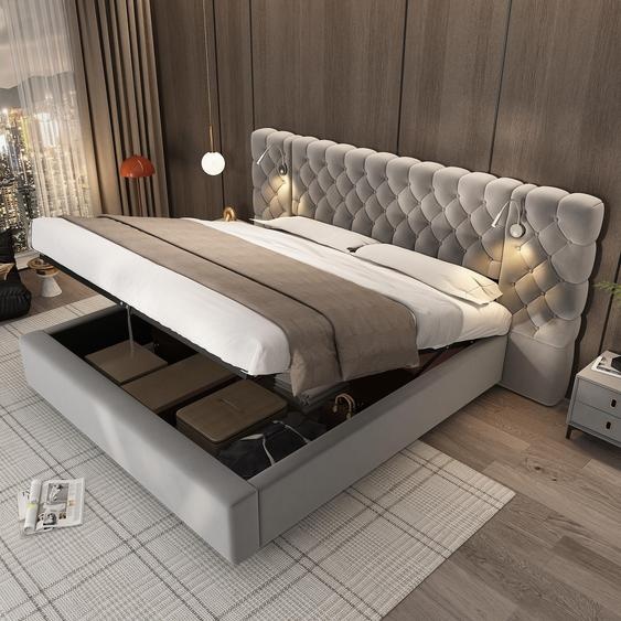 Flieks Lit hydraulique rembourré 180x200cm avec lampe de lecture, Lit Boxspring avec espace de rangement, Lit double en bois Lit fonctionnel, velours, gris