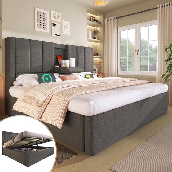 Flieks Lit hydraulique rembourré 180x200cm avec porte-gobelet, lit double de rangement avec USB & Type C, lit de jeune avec sommier à lattes, lin, gris