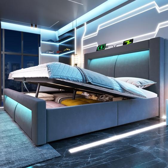 Flieks Lit hydraulique rembourré 180x200cm avec prises de charge USB & Type-C, lit double pour adolescents avec Led, lit de rangement velours, gris