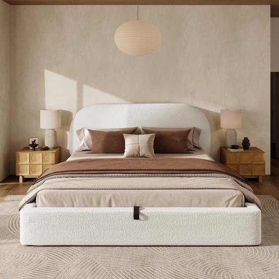 Flieks Lit hydraulique rembourré 180x200cm avec sommier à lattes, Lit double avec espace de rangement, Lit classique Bouclé, Beige