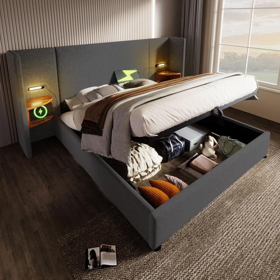 Flieks Lit hydraulique rembourré 180x200cm avec table de nuit et fonction de chargement, lit double de rangement Lit boxspring avec lampe de lecture, lin, gris