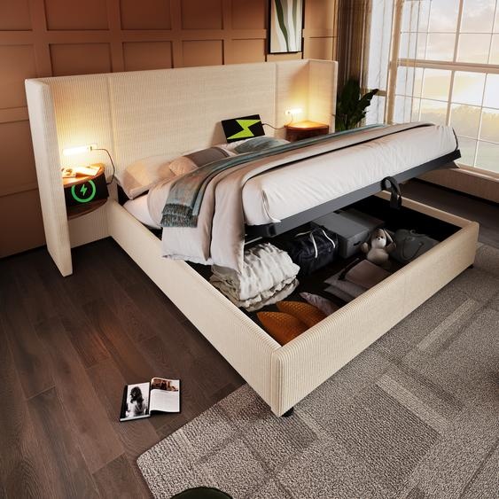 Flieks Lit hydraulique rembourré 180x200cm avec table de nuit et fonction de chargement, lit double de rangement Lit boxspring avec lampe de lecture, tissu velours côtelé, beige