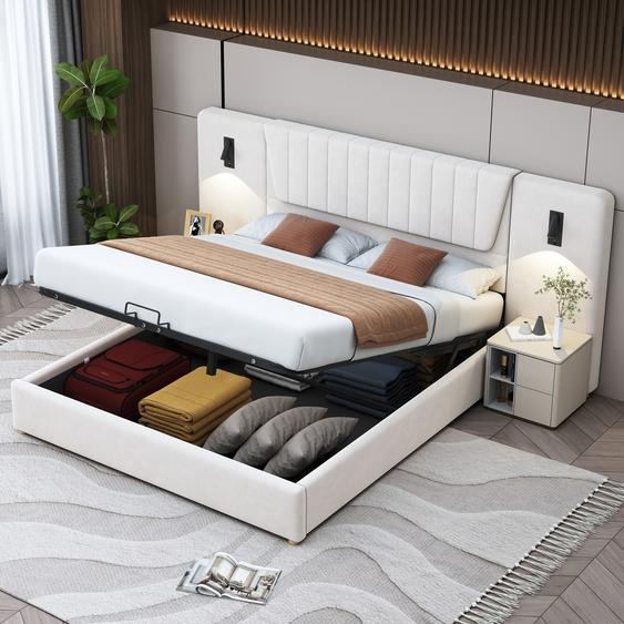 Flieks Lit hydraulique rembourré 180x200cm avec USB et lampe de lecture, Lit de rangement Boxspring avec sommier à lattes, Lit double velours, Beige