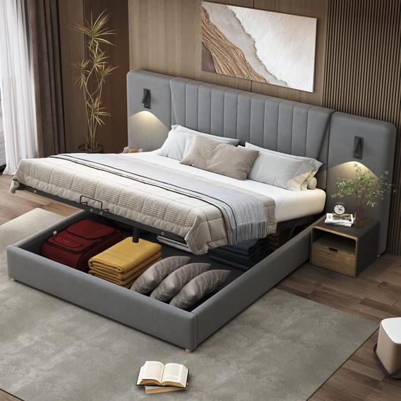 Flieks Lit hydraulique rembourré 180x200cm avec USB et lampe de lecture, Lit de rangement Boxspring avec sommier à lattes, Lit double velours, Gris