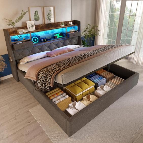 Flieks Lit hydraulique rembourré 180x200cm avec Usb & Type-c, Boxspring Lit double avec Led, Lit de jeune avec tiroirs de rangement, Lin, Gris
