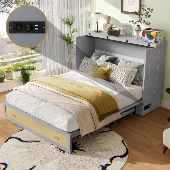 Flieks Lit pliant Lit armoire avec USB et prise de courant, lit mural fonctionnel avec tiroir, lit mural pliant pour jeunes, Gris