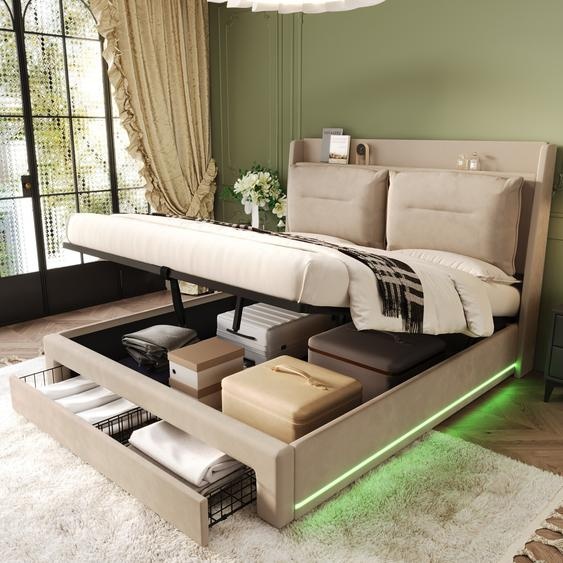 Flieks Lit rembourré 140x190cm avec tiroir, Lit de rangement pour jeunes avec Led, Boxspring hydraulique avec tête de lit, Lit double velours, Beige