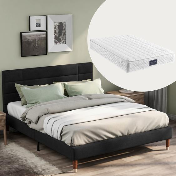 Flieks Lit rembourré 140x200cm avec sommier à lattes et tête de lit, Lit de jeune cadre de lit double avec matelas, lin, noir
