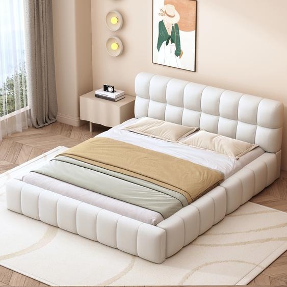 Flieks Lit rembourré 140x200cm avec sommier à lattes, Lit double adolescent Lit boxspring avec tête de lit, Lit en bois Classique Lit matrimonial, Lin, Beige