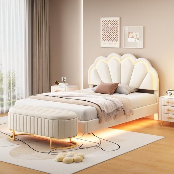 Flieks Lit rembourré 140x200cm avec tabouret de lit, lit double lit denfant avec sommier à lattes, lit en bois lit dadolescent avec LED, set de chambre à coucher complet velours, beige