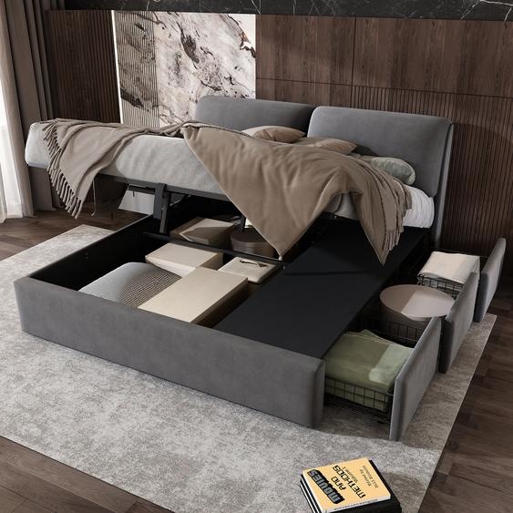 Flieks Lit rembourré 160x200cm avec 3 tiroirs, Lit Boxspring hydraulique Lit de rangement avec sommier à lattes, Lit double Jeunesse Lit en bois, Velours, Gris