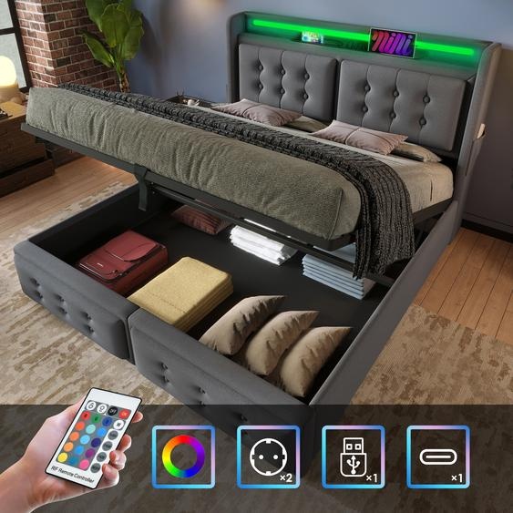 Flieks Lit rembourré 160x200cm avec fonction de chargement, lit double pour adolescents avec LED, lit de rangement hydraulique Lit boxspring avec sommier à lattes, coton, gris