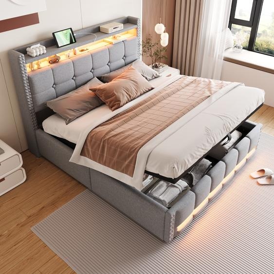 Flieks Lit rembourré 160x200cm avec fonction de chargement (USB & prise de courant), Lit Boxspring de rangement avec espace de rangement, Lit double pour adolescents avec LED, lin, clair