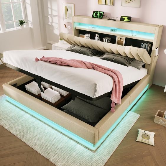 Flieks Lit rembourré 160x200cm avec fonction de recharge (USB & Type-C), Lit double avec Led, Lit de rangement Boxspring avec espace de rangement, Lin, Beige