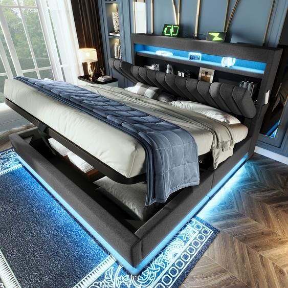 Flieks Lit rembourré 160x200cm avec fonction de recharge (USB & Type-C), Lit double avec Led, Lit de rangement Boxspring avec espace de rangement, lin, gris