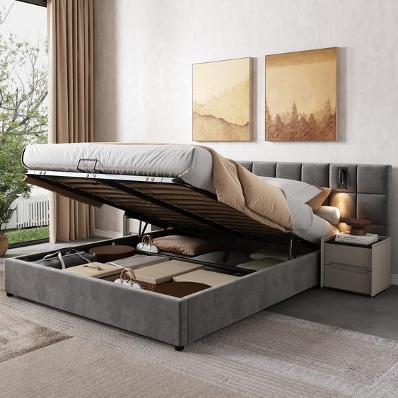 Flieks Lit rembourré 160x200cm avec USB et lampe de lecture, Lit Boxspring avec sommier à lattes, Lit double avec rangement, Lit fonctionnel à rangement, Velours, Gris