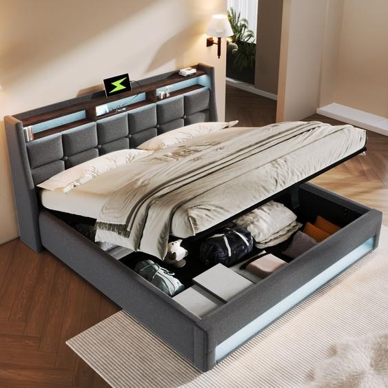 Flieks Lit rembourré 160x200cm avec USB, lit double pour adolescents avec sommier à lattes et espace de rangement, lit de rangement avec LED, lin, gris