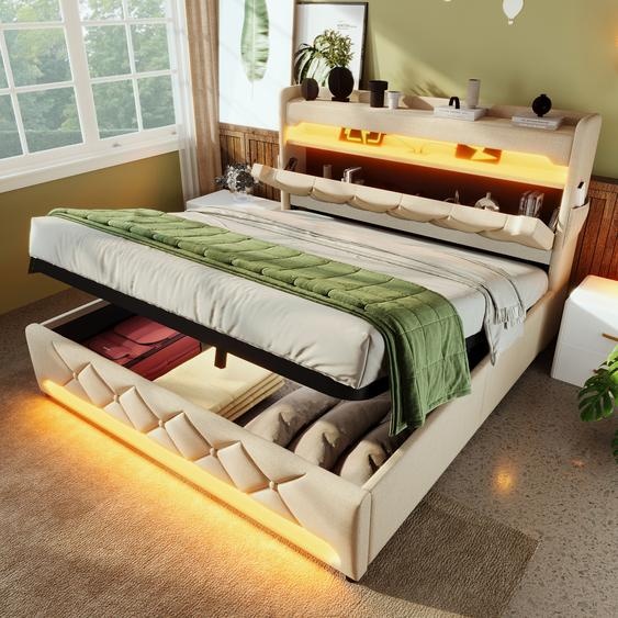 Flieks Lit rembourré 160x200cm avec USB & Type-C, Lit de rangement hydraulique Lit boxspring avec LED, Lit double en bois avec tête de lit de rangement, lin