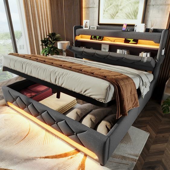 Flieks Lit rembourré 160x200cm avec USB & Type-C, lit de rangement hydraulique Lit boxspring avec LED, lit double en bois avec tête de lit de rangement, lin gris