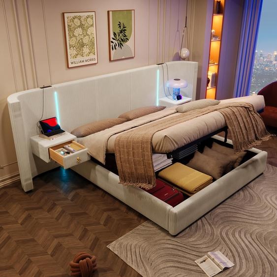 Flieks Lit rembourré 180x200cm avec 2 tables de nuit, Lit de rangement double avec USB & Type-C, Lit Boxspring Jeune avec Led et espace de rangement, Velours Beige
