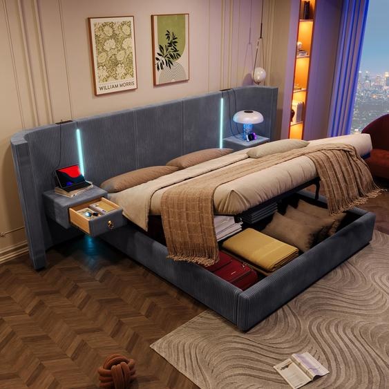 Flieks Lit rembourré 180x200cm avec 2 tables de nuit, Lit de rangement double avec USB & Type-C, Lit Boxspring Jeune avec Led et espace de rangement, Velours Gris