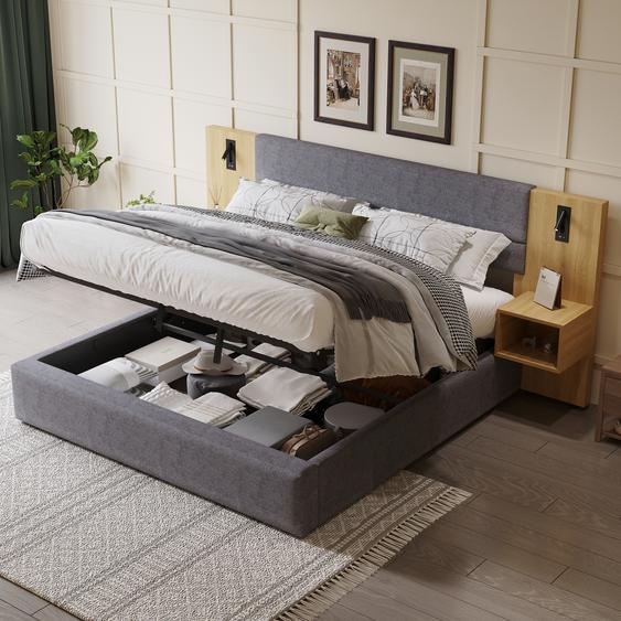 Flieks Lit rembourré 180x200cm avec 2 tables de nuit, Lit double avec USB et lumières, Lit de rangement Lit hydraulique avec sommier à lattes, Velours, Gris
