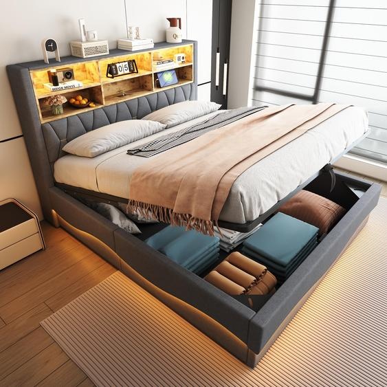 Flieks Lit rembourré 180x200cm avec espace de rangement, Lit pour adolescents Lit simple avec Usb et Led, Lit boxspring Lit de rangement avec sommier métallique à lattes, Lin, Gris