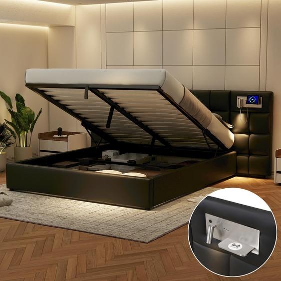 Flieks Lit rembourré 180x200cm avec fonction de charge (USB&Charge sans fil), Lit de rangement hydraulique Lit double Boxspring avec lampe, PU, Noir