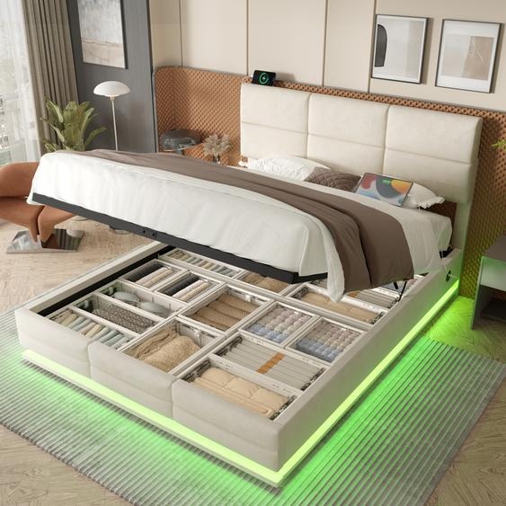 Flieks Lit rembourré 180x200cm avec fonction de chargement, lit de rangement lit double lit dadolescent avec LED, lit boxspring lit en bois lit fonctionnel, velours, beige