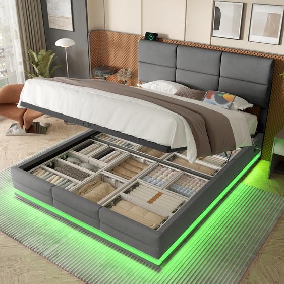 Flieks Lit rembourré 180x200cm avec fonction de chargement, lit de rangement lit double lit dadolescent avec LED, lit boxspring lit en bois lit fonctionnel, velours, gris