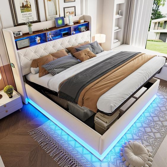 Flieks Lit rembourré 180x200cm avec fonction de chargement, lit double Boxspring avec compartiment de rangement, lit jeune en bois avec LED et sommier à lattes, lin, beige