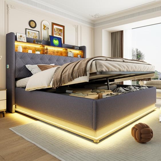 Flieks Lit rembourré 180x200cm avec fonction de chargement, lit double Boxspring avec compartiment de rangement, lit jeune en bois avec LED et sommier à lattes, lin, gris