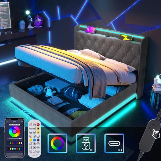 Flieks Lit rembourré 180x200cm avec fonction de chargement (USB&Typ-c), Lit double pour adolescents Lit de rangement avec LED, Lit boxspring hydraulique, Lin, Gris