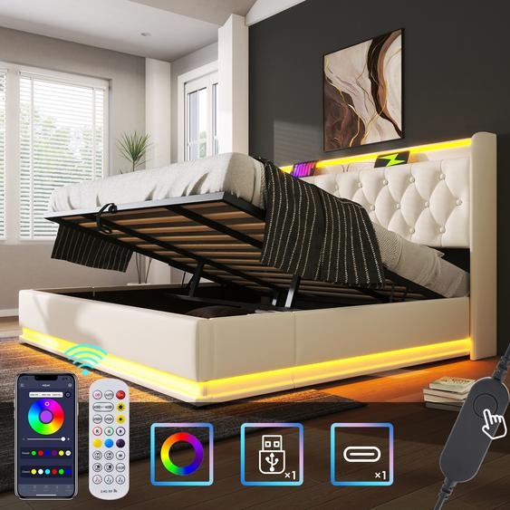 Flieks Lit rembourré 180x200cm avec fonction de chargement (USB&Typ-c), Lit double pour adolescents Lit de rangement avec LED, Lit boxspring hydraulique, PU, Blanc