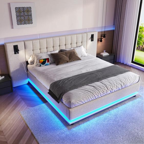 Flieks Lit rembourré 180x200cm avec lampe de lecture et USB, Lit double en bois avec Led, Lit jeune Lit classique avec sommier à lattes, Lin, Beige