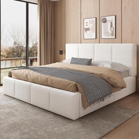 Flieks Lit rembourré 180x200cm avec tête de lit rembourrée, Lit double en bois avec sommier à lattes, Lit jeune Lit classique, Bouclé, Beige