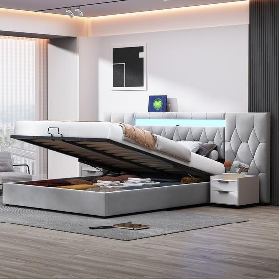 Flieks Lit rembourré 180x200cm avec USB, Lit de rangement hydraulique Lit double Jeunesse avec LED, Boxspring Lit en bois avec sommier à lattes, Velours, Gris