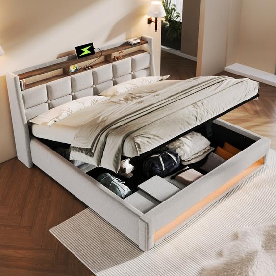 Flieks Lit rembourré 180x200cm avec USB, Lit double pour adolescents avec sommier à lattes et espace de rangement, Lit de rangement avec LED, Lin, Beige
