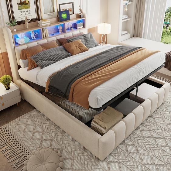 Flieks Lit rembourré 180x200cm avec USB &Type-C, Lit Boxspring Lit de rangement avec LED & tête de lit de rangement, Lit double Lit jeune, Lin, Beige