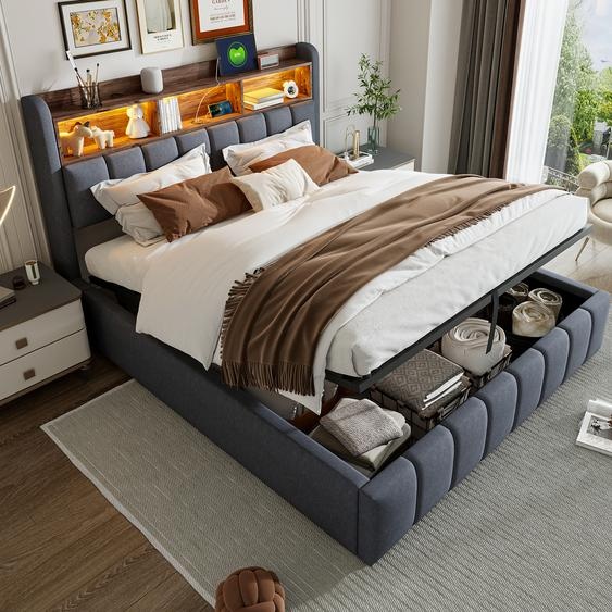 Flieks Lit rembourré 180x200cm avec USB &Type-C, Lit Boxspring Lit de rangement avec LED & tête de lit de rangement, Lit double Lit jeune, Lin, Gris