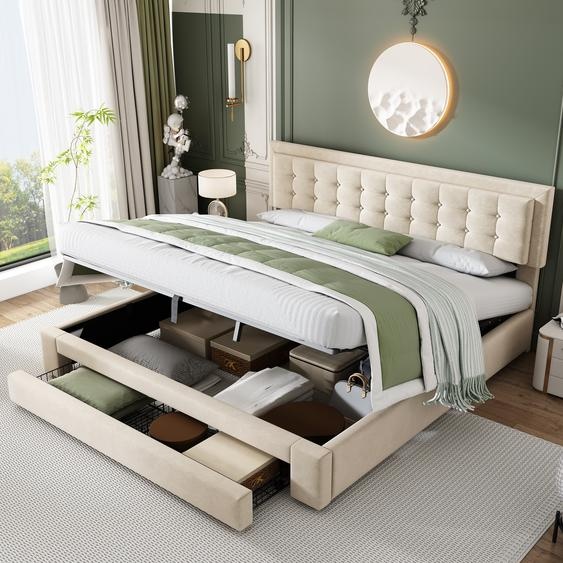 Flieks Lit rembourré 180x200cm, Lit double avec tiroir, Lit boxspring hydraulique avec sommier à lattes, Lit de rangement en bois massif velours, Beige