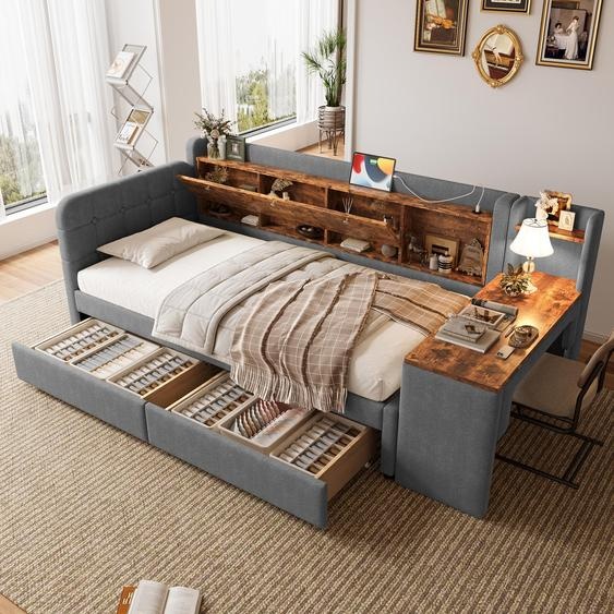 Flieks Lit rembourré 90x200cm avec bureau, Lit de jour Canapé-lit avec Usb et Type-c, Lit simple avec espace de rangement, Lin, Gris