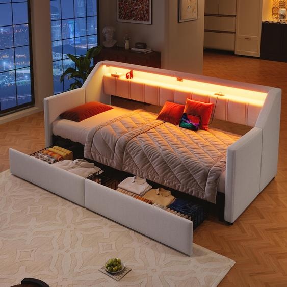 Flieks Lit rembourré 90x200cm avec lit gigogne et tiroirs, Canapé-lit Lit de jour avec Led et fonction de chargement, Lit simple Daybett, Lin, Beige