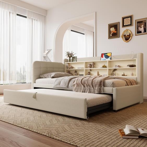 Flieks Lit rembourré 90x200cm avec lit gigogne, lit de jour Daybett avec Usb et Type-c, lit simple Lit de jeune Sofabett avec étagères, lin, Beige