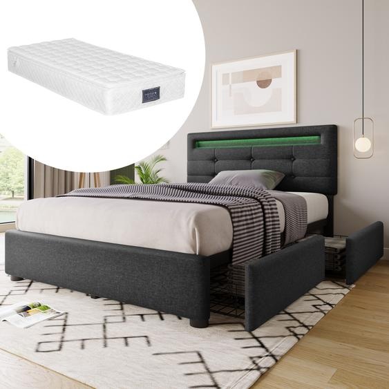 Flieks Lit rembourré avec éclairage LED et tête de lit réglable en hauteur Lit simple avec matelas et 2 tiroirs Literie 90x200cm